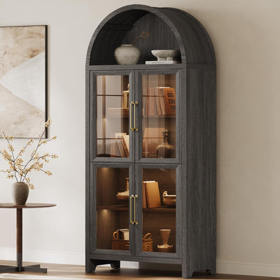 SICOTAS 74" Arched Cabinet with Glass Doors - Tall 5-Tier Arched Bookcase with Rechargeable 3-Color Lights & Motion Sensor, Large Display Cabinet for Kitchen Home Office Living Room, Dark Gray Oak