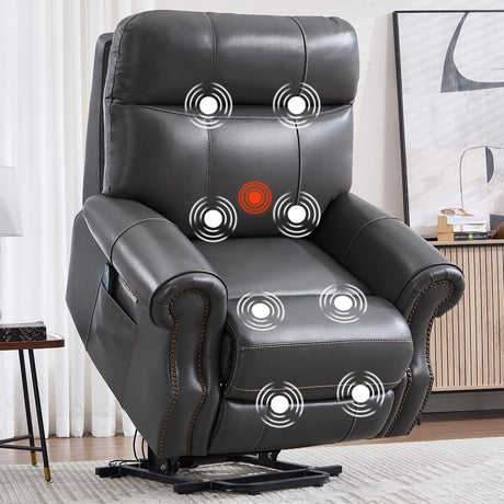 CANMOV Genuine Leather Power Lift Recliner Chair for Elderly, with Massage and Heat, Electric Lift Recliner for Seniors, Side Pocket, Type-C and USB Port, Gray CANMOV