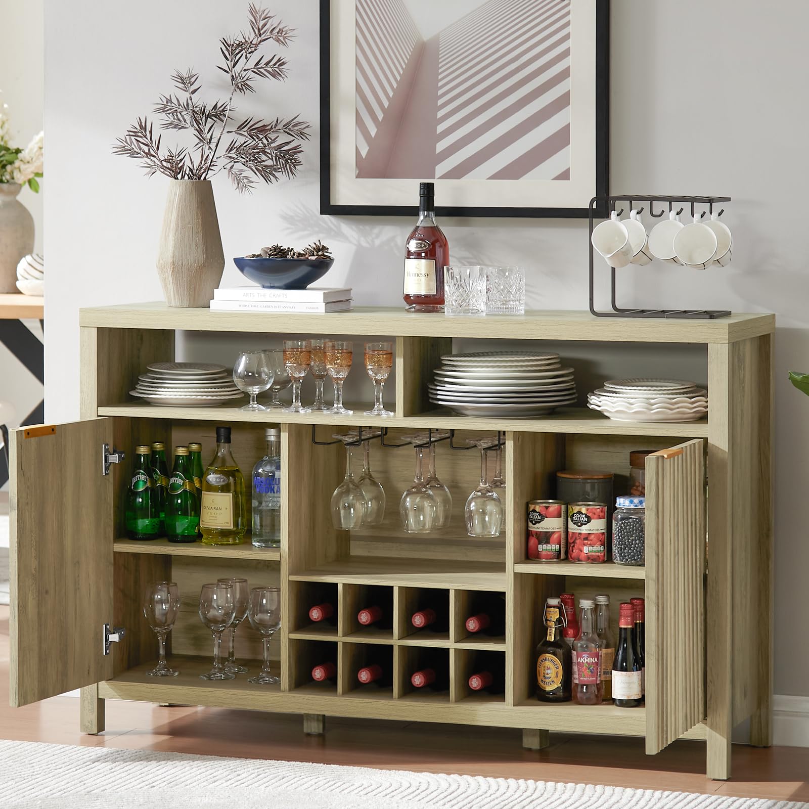 OAKHAM HOME Oxford Wine Bar Cabinets with Storage - 51" Sideboard Buffet Cabinet for Home, 32.8" Tall Liquor Bar Cabinet for Kitchen (Sunwashed Ash Oak) - WoodArtSupply