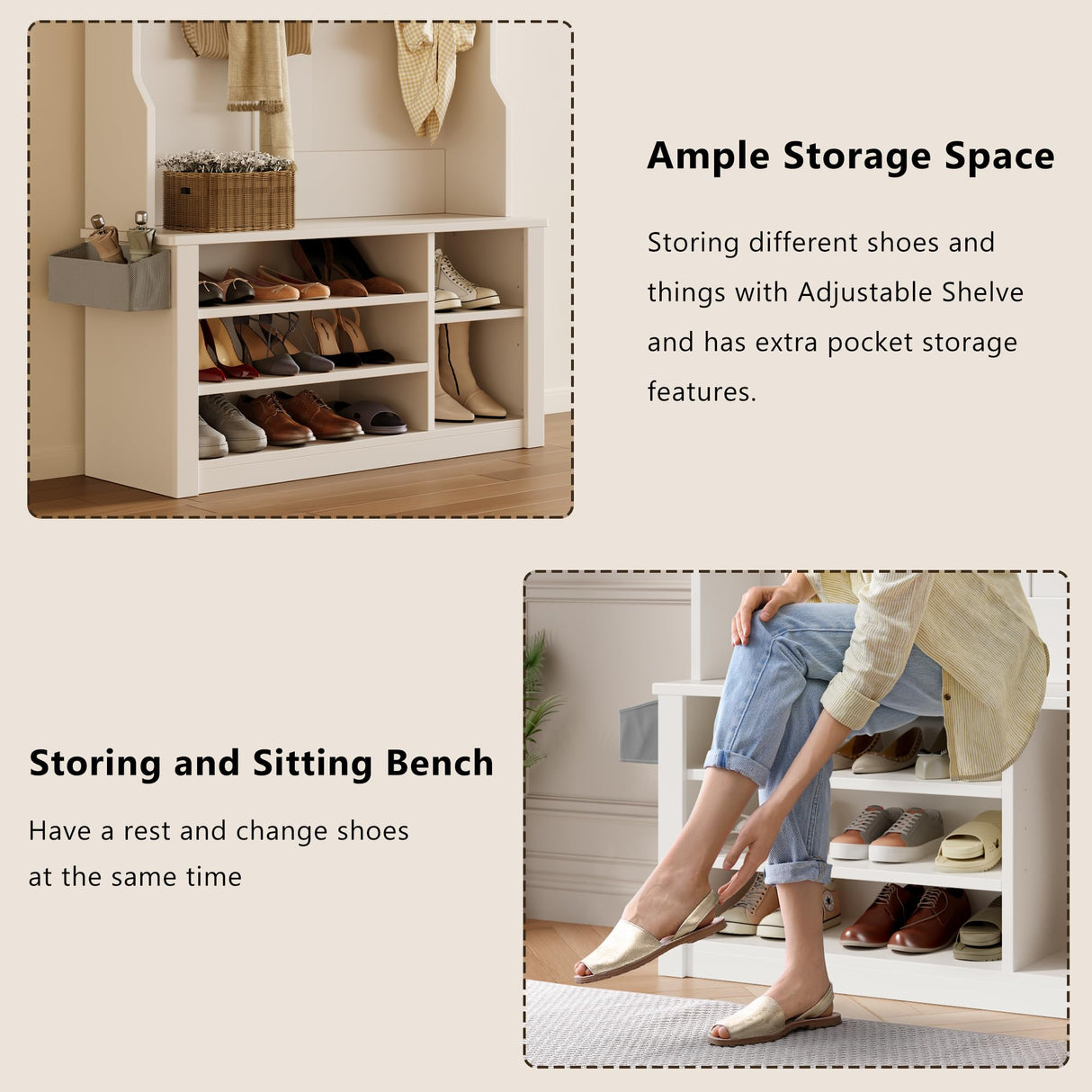 Aiho Hall Tree with Bench and Shoe Storage, 3-in-1 Entryway Bench with Coat Rack, Hall Tree with Bench with Adjustable Shoe Storage, 2-Tier Top Storage, for Entryway, Hallway, White Aiho