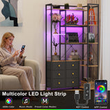 AFLUI Corner Bookshelf with LED Lights & 6 Fabric Drawers, 5-Tier Industrial L-Shaped Bookcase with Acrylic Display Shelf for Living Room, Office AFLUI