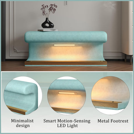 Haplized Entryway Bench with Motion Sensor LED Light, Modern Upholstered Ottoman with Metal Legs, Faux Leather Entryway Bench for Bedroom, Living Room, End of Bed (Antique Blue Green) Haplized