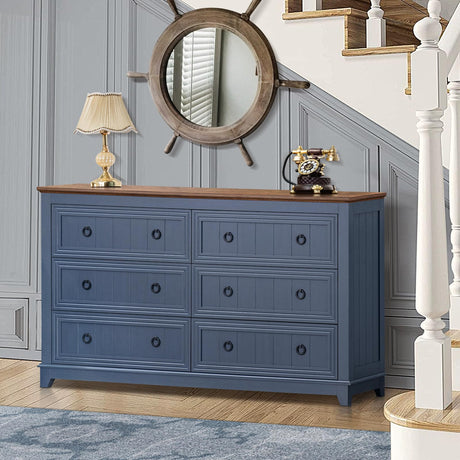 Joaxswe Farmhouse 6 Drawers Dresser for Bedroom, 58 Inch Wide Wood Dresser Chest of Drawers, Vintage Design TV Stand, Rustic Storage Dressers Organizer for Bedroom, Living Room, Hallway - Blue Joaxswe