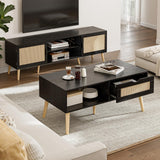 ZttRiee Wood Coffee Table with Storage, Boho Dining Table with Rattan Drawer and Solid Wood Legs, Small Coffee Tables for Living Room, Black ZttRiee