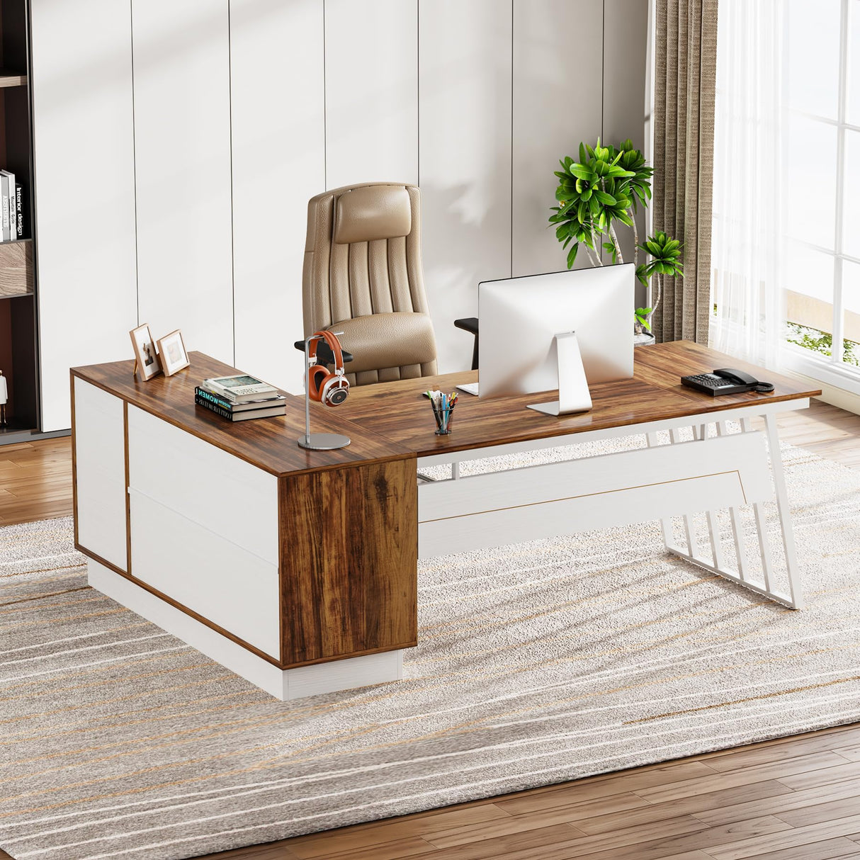 Tribesigns 71-Inch Executive Desk, L-Shaped Desk with Cabinet, Large Office Desk with Drawers and Storage Shelves, Writing Table Computer Desk for Home Office, Brown and White Tribesigns