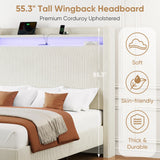 Queen Bed Frame with Tall Headboard, 55.3" Upholstered Platform Queen Size Bed Frame, Elegant Corduroy Wingback Bed with LED Lights & Charging Station, No Box Spring Needed, Solid Wood Slats, Cream Welzona