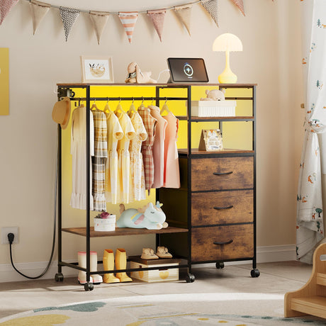 WLIVE Dresser with Hanging Rack for Bedroom, 3 Drawer Dresser with LED Lights & Charging Station, Fabric Dressers & Chest of Drawers, Storage Organizer with Open Shelves for Living Room, Brown WLIVE