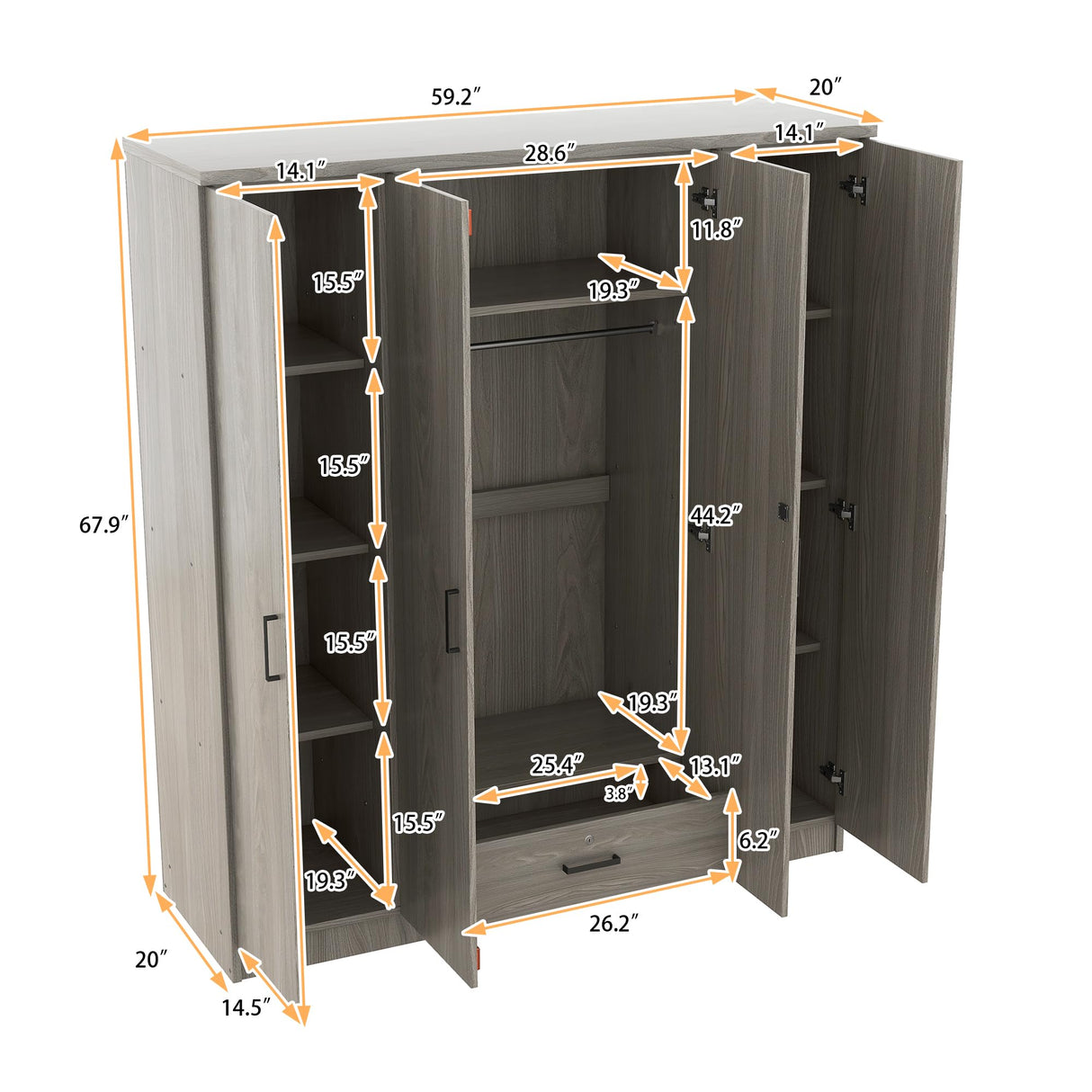 Quarte 4-Door Wardrobe with Drawers, Shelves and Hanging Rail, Freestanding Armoire Wardrobe Closet, Clothes Storage Cabinet Organizer Quarte