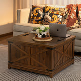 Joaxswe Farmhouse Coffee Table with Hidden Storage Space, Wood Square Large Center Table for Living Room, Farm House Rustic Brown Retro Coffee Tables with Hinged Lift Top for Meeting Room, Home Joaxswe