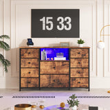 Dresser for Bedroom with 10 Drawers, Storage Organizer TV Stand for 55" TV with LED Lights and Sockets, Fabric Chest of Drawers with PU Finish for Kid Room, Entryway, Living Room, Hallway, Brown LIWEIJIA