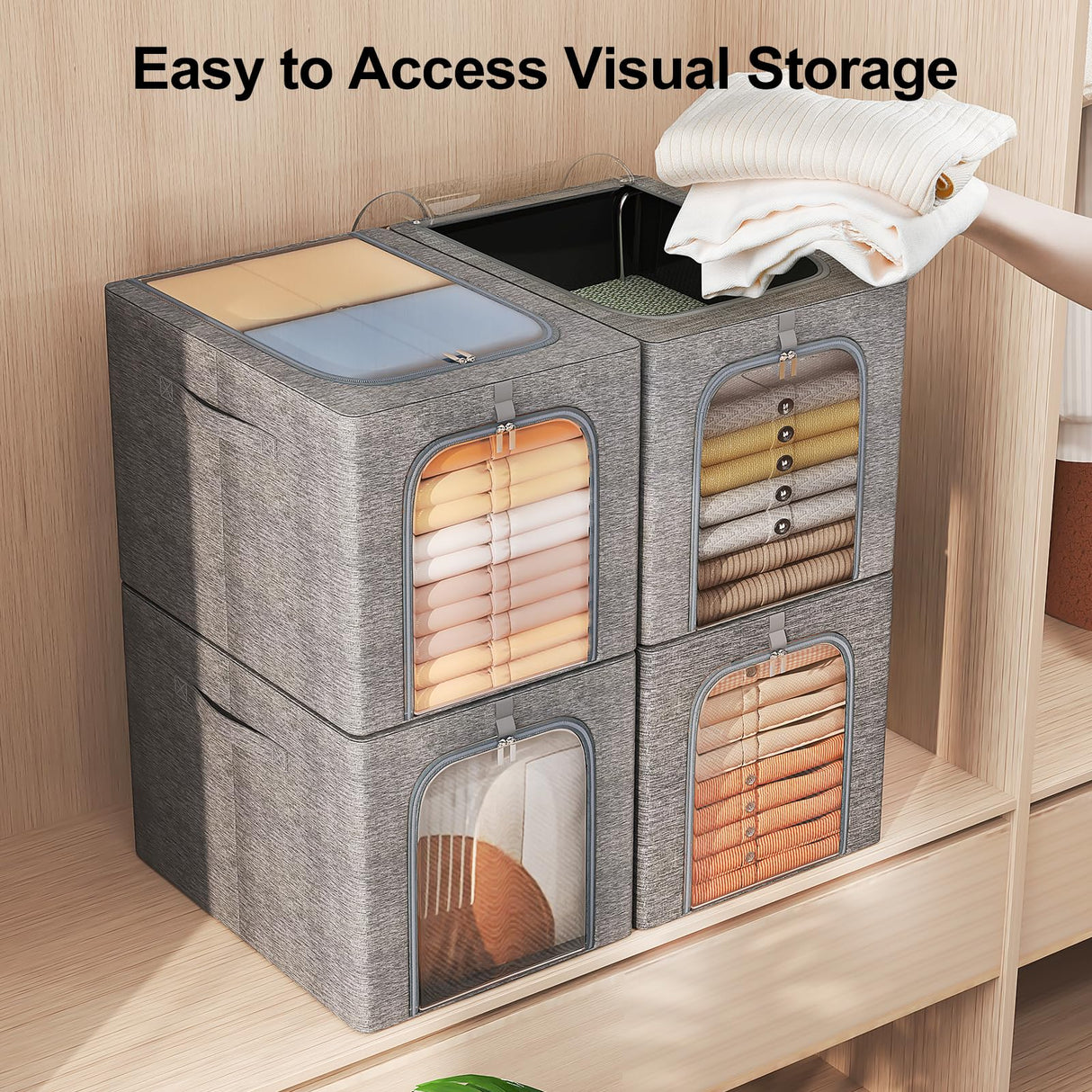 GoMaihe Clothes Storage Bin with Metal Frame: 6-Pack Stackable Closet Storage Bin with Lid & Clear Window, Sweater Boxes Storage for Closet Bedding Clothing Storage Organizer 40L GoMaihe