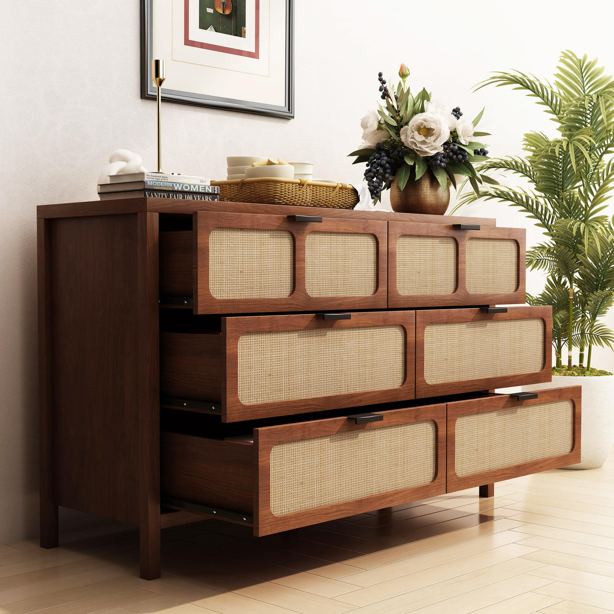 QEIUZON 6 Drawer Dresser, Modern Rattan Dresser Chest with Wide Drawers and Metal Handles, Farmhouse Wood Storage Chest of Drawers for Bedroom, Living Room, Entryway (Walnut-6 Drawers) QEIUZON
