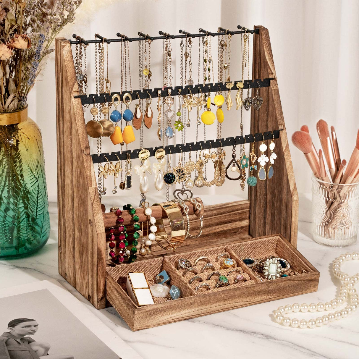 DGWJSU Jewelry Organizer Stand, 5 Layer Earring Holder Organizer with Necklace Holder, Rustic Wood Earring Organizer Display for Stud Earring Bracelet Necklace Ring, Watches DGWJSU