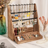 DGWJSU Jewelry Organizer Stand, 5 Layer Earring Holder Organizer with Necklace Holder, Rustic Wood Earring Organizer Display for Stud Earring Bracelet Necklace Ring, Watches DGWJSU