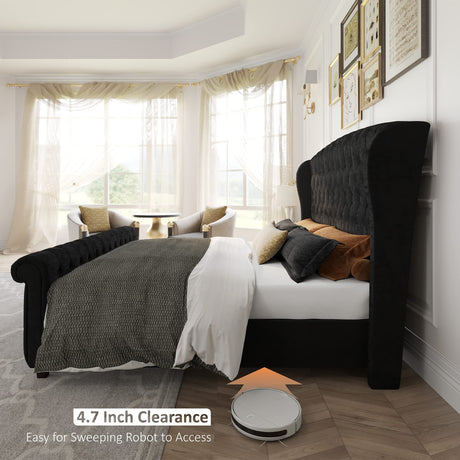 AMERLIFE King Size Platform Bed Frame, Velvet Upholstered Sleigh Bed with Scroll Wingback Headboard & Footboard/Button Tufted/No Box Spring Required/Easy Assembly/Black AMERLIFE