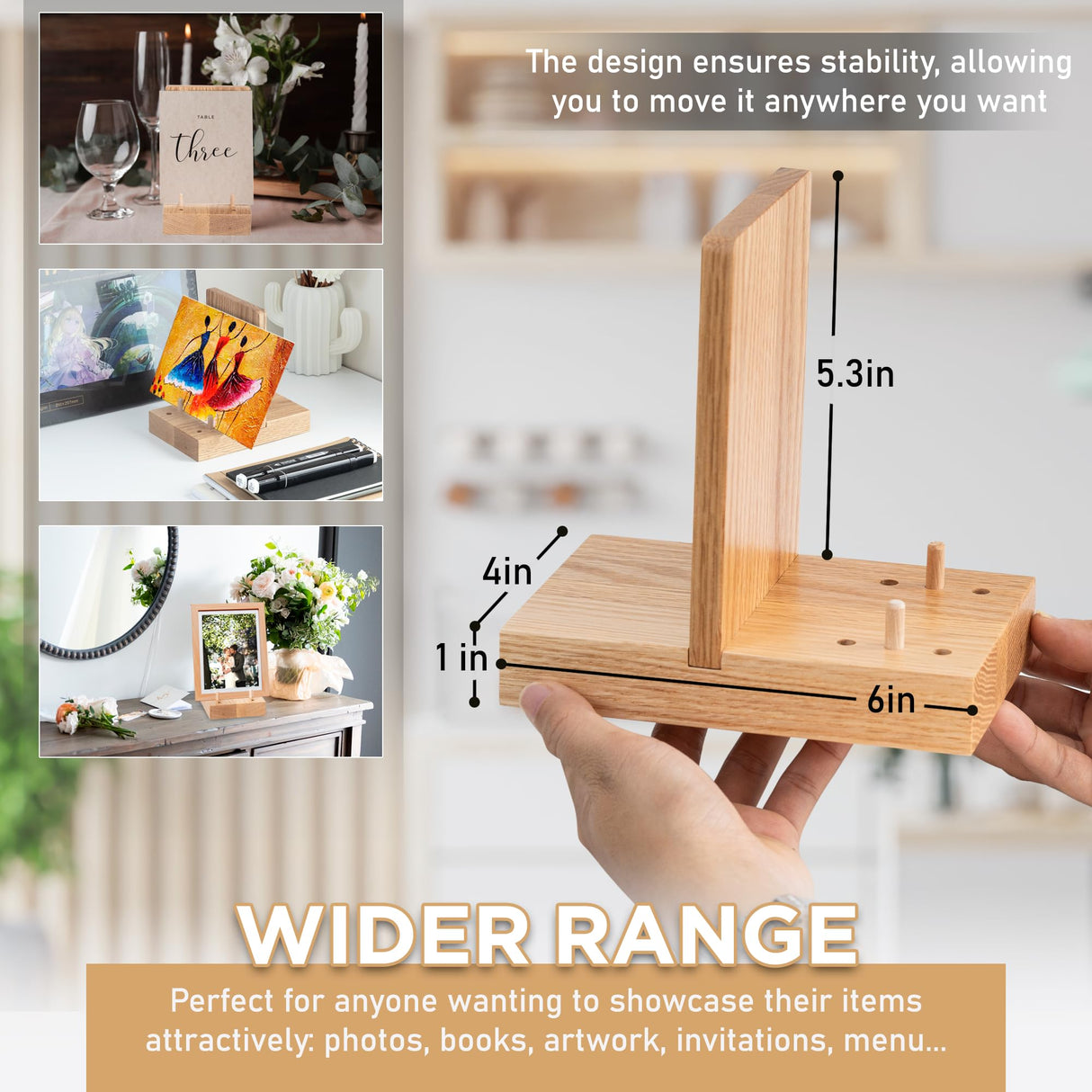 Plate Stand for Display - Adjustable 6x4 Inches Wooden Easel Stand, Picture Frame Holder, Decorative Tabletop Display Stand for Plates, Books, Photos, Posters & Menus by Demigo Demigo