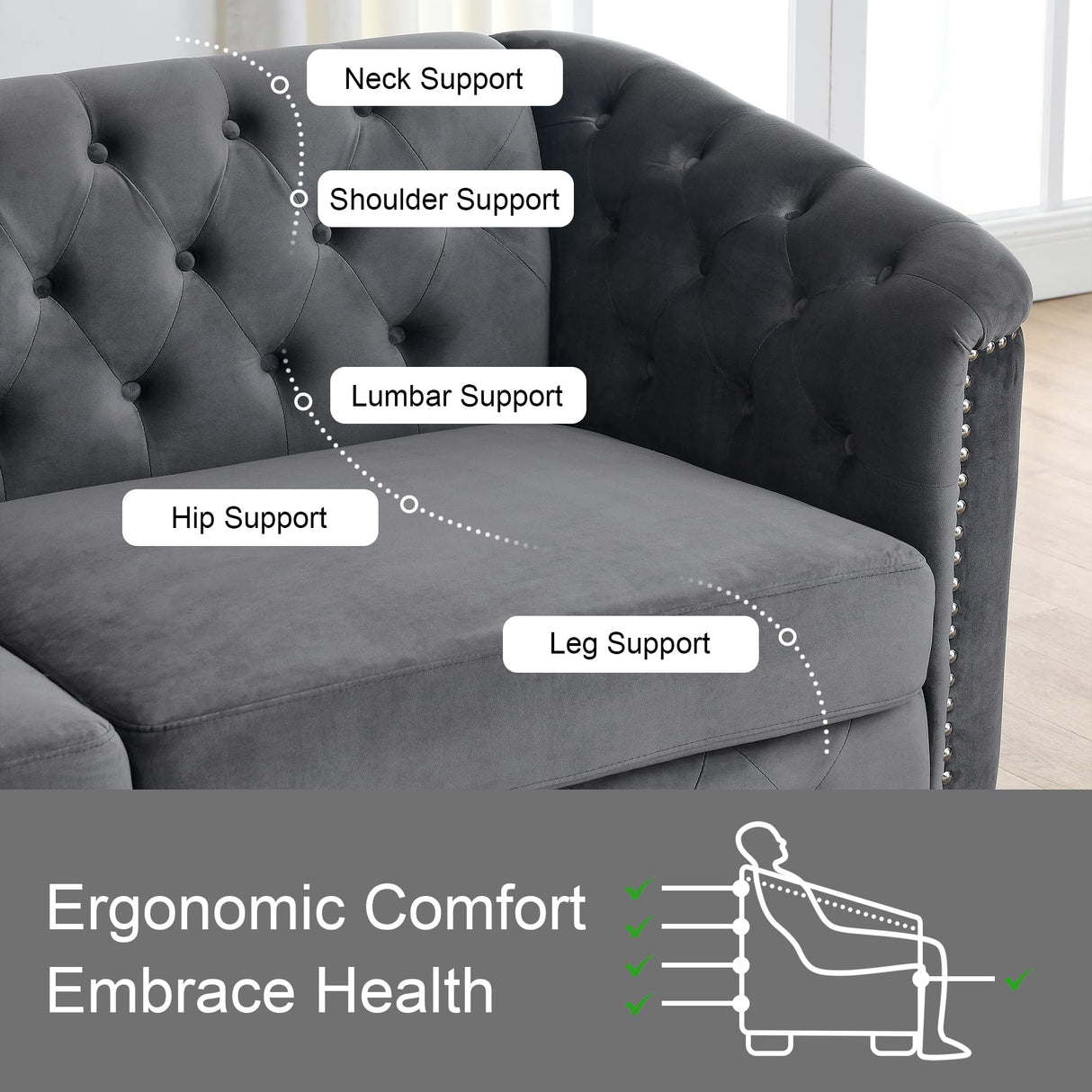 BUIORD 2 Piece Modern Chesterfield Velvet 77" 3-Seater+59" Loveseat Sofa Set, Upholstered Tufted Backrests with Nailhead Arms and 4 Cushions for Living Room, Bedroom, Apartment Grey BUIORD