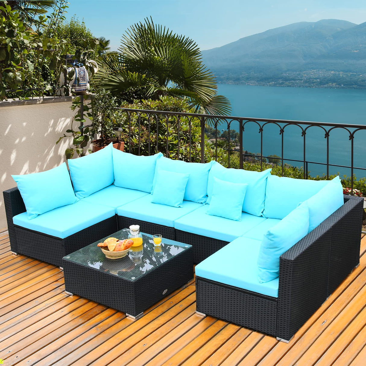 Tangkula 7 Piece Patio Furniture Set, Outdoor Sectional Sofa w/Pillows and Cushions, Wicker Sofa Conversation Set with Coffee Table, Patio Sofa and Tea Table Set for Garden, Lawn Tangkula