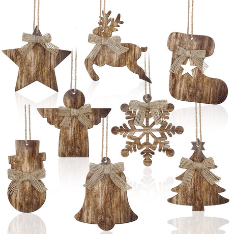 Lineshading 8 Pcs Rustic Christmas Tree Ornaments Xmas Angles Snowflake Wood Ornaments Angel Snowman Farmhouse Wood Decorations Christmas Tree Hanging Ornaments for Home Winter Party Lineshading