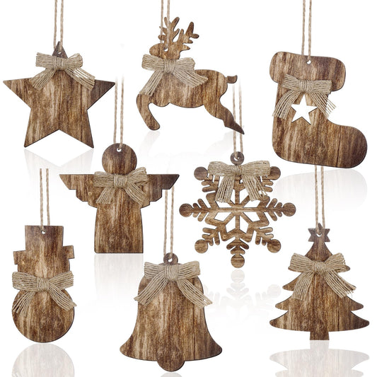 Lineshading 8 Pcs Rustic Christmas Tree Ornaments Xmas Angles Snowflake Wood Ornaments Angel Snowman Farmhouse Wood Decorations Christmas Tree Hanging Ornaments for Home Winter Party