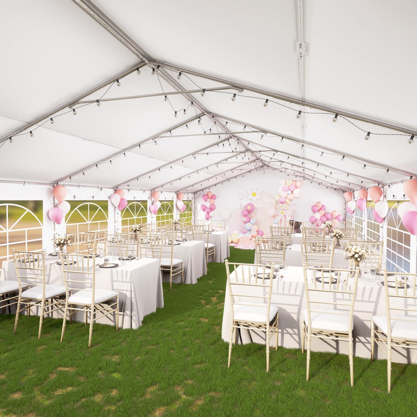 PHI VILLA 40 ft. x 20 ft. Large Outdoor Canopy Wedding Party Tent with Removable Side Walls & 7 Storage Bags, White with Blue Stripes