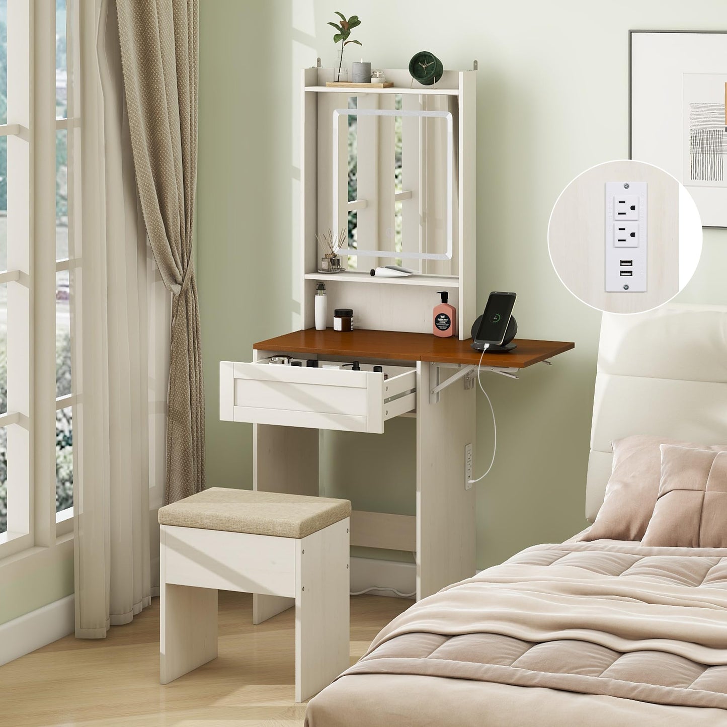 Small Vanity Desk with Mirror and Lights,Farmhouse Makeup Vanity Table with Charging Station,Compact Vanity with Storage Chair& Drawer,White Dressing Table with Fold-up Panel for Small Space,Bedroom