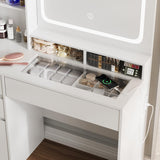 Makeup Vanity Desk Mirror with Lights, White Vanity Desk with Glass Top, Makeup Vanity with Power Outlet, Dressing Table with Jewelry Cabinet, 3 Drawers, Vanity for Women Maupvit