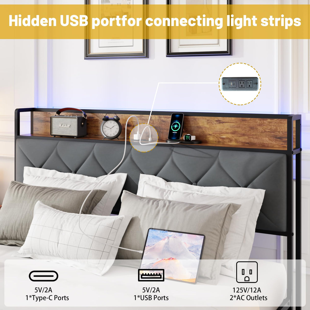 LUBEDCY Full Size Metal Platform Bed Frame with Velvet Button-Tufted Headboard, 2 Storage Drawers, LED Light & USB Charging Port, Heavy Duty, Brown Wooden Panel, No Box Spring Needed (Brown, Full) LUBEDCY