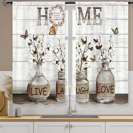 Famiffty Rusitc Farmhouse Cotton Kitchen Curtains 27.5W X 39L Inch 2 Panels Rod Pocket Country Retro Wood Vintage Small Short Cafe Curtain Inspirational Window Drapes Treatment Bathroom Home Decor Famiffty
