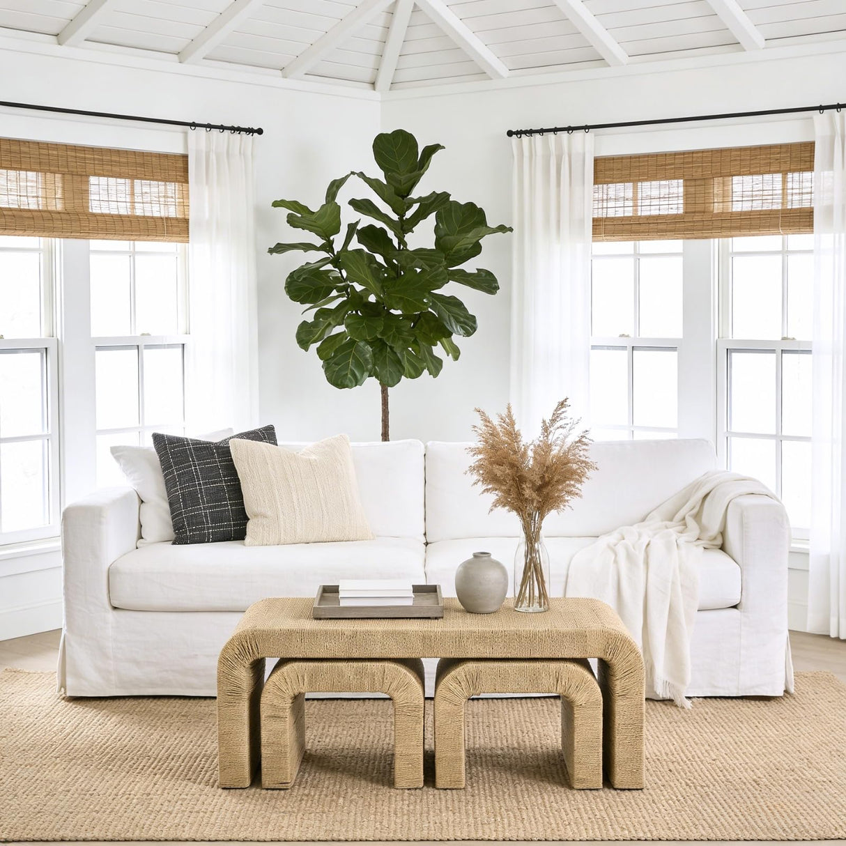 DM Furniture 3-Piece Nesting Woven Rope Coffee Table Set, 47" Modern Farmhouse Waterfall Wood Center Table with 2 Stools Underneath, Boho Coastal Living Room Accent Side End Table, Brown DM Furniture