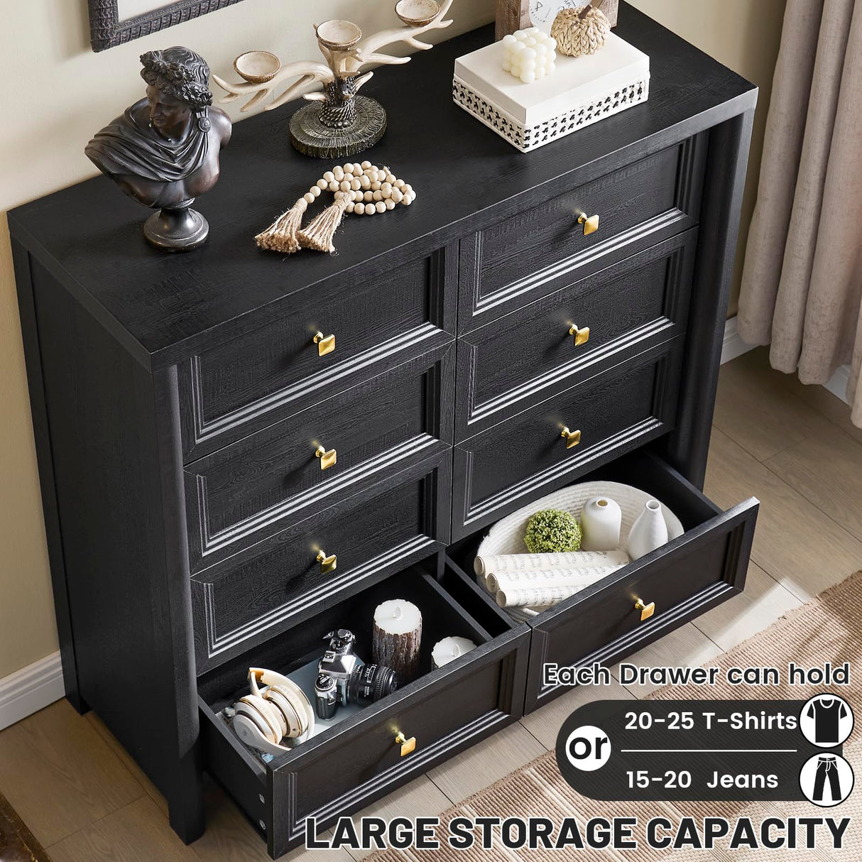 Standifurno Farmhouse Dresser for Bedroom, 41" Tall Black Dresser with 8 Drawers, Soide Rustic Wood Vintage Dressers Chest of Drawers for Bedroom, Living Room, Hallway Standifurno