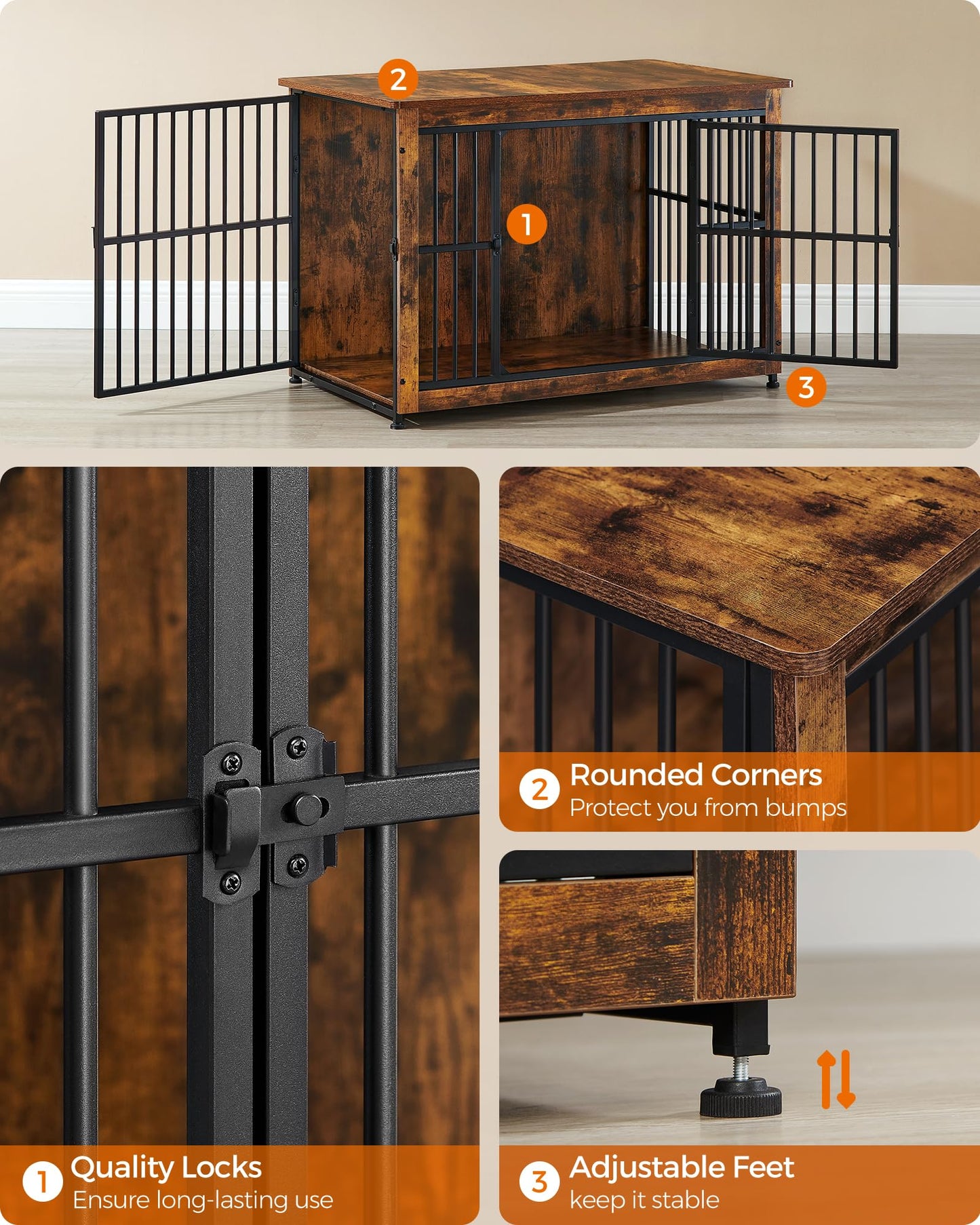 Feandrea Dog Crate Furniture, Side End Table, Modern Kennel for Dogs Indoor up to 70 lb, Heavy-Duty Dog Cage with Enclosed Base, Double-Door Dog House, Rustic Brown UPFC023X01 - WoodArtSupply