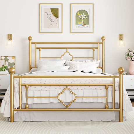 SHA CERLIN 14 Inches Queen Size Metal Platform Bed Frame/Vintage Iron-Art Headboard and Footboard/Mattress Foundation for Storage/No Box Spring Needed/Noise-Free/Easy Assembly/Gold SHA CERLIN