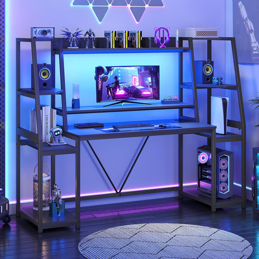 SEDETA Gaming Desk 65.7'' with LED Lights, Hutch and Storage Shelves, Computer Desk with Monitor Stand, Large PC Gamer Desk Workstation, Ergonomic Gaming Table for Bedroom, Living Room, Black