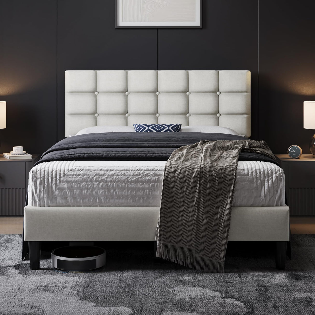 Yaheetech Upholstered Bed Frame, Modern Full Bed Platform with Square Stitched&Button Tufting Headboard Height Adjustable, Wooden Slats Support, No Box Spring Needed, Full Size, Beige Yaheetech