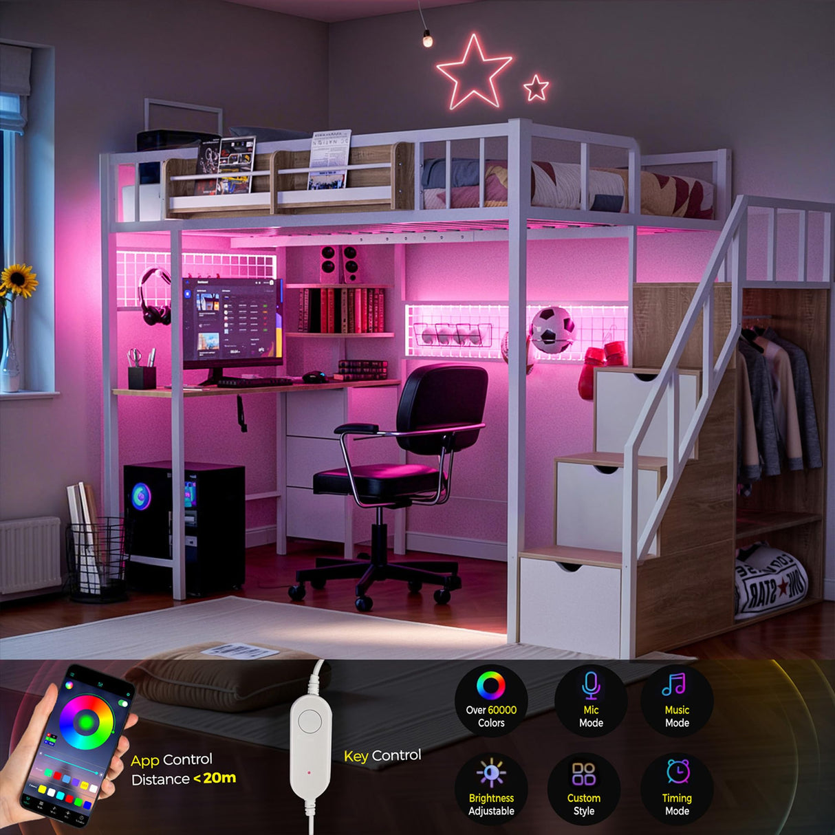 Kikihouse Twin Loft Bed with Desk, Storage Stairs & Wardrobe, Metal Loft Bed Frame w/Headboard, Bedside Shelf, Charging Station & 6 Drawers, LED Gaming Bed for Adult Space-Saving Kikihouse