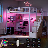 Kikihouse Twin Loft Bed with Desk, Storage Stairs & Wardrobe, Metal Loft Bed Frame w/Headboard, Bedside Shelf, Charging Station & 6 Drawers, LED Gaming Bed for Adult Space-Saving Kikihouse