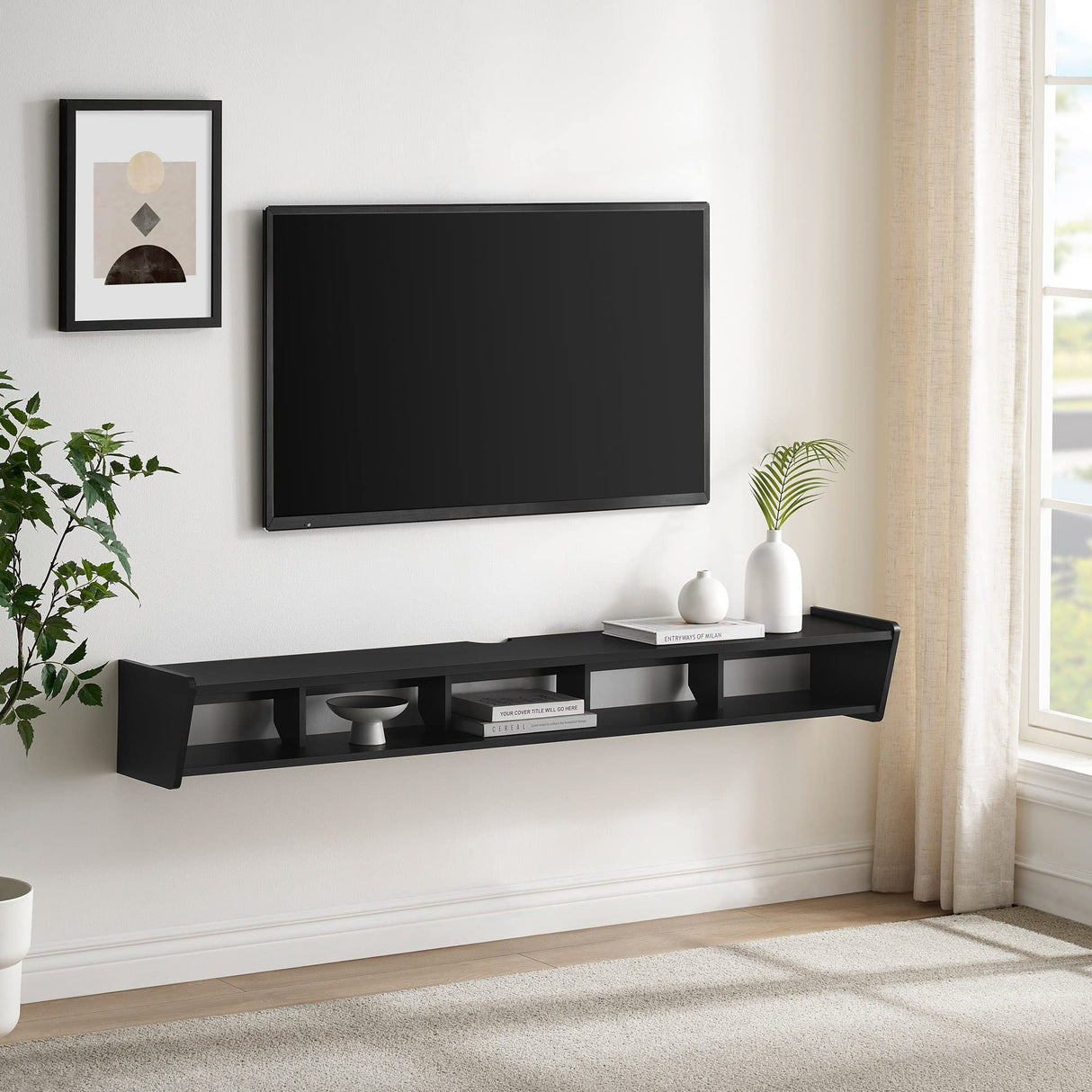 Walker Edison Zee Modern Floating Mounted Minimalist Stand for TVs up to 70 Inches, 65 Inch, Solid Black Walker Edison
