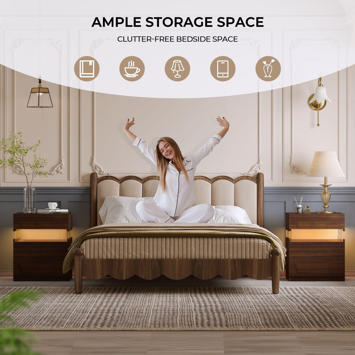 i-aplus Night Stand Set 2 LED Nightstands for Bedroom Set of 2 Modern Bedside Table with 3 Drawers End Side Table i-aplus