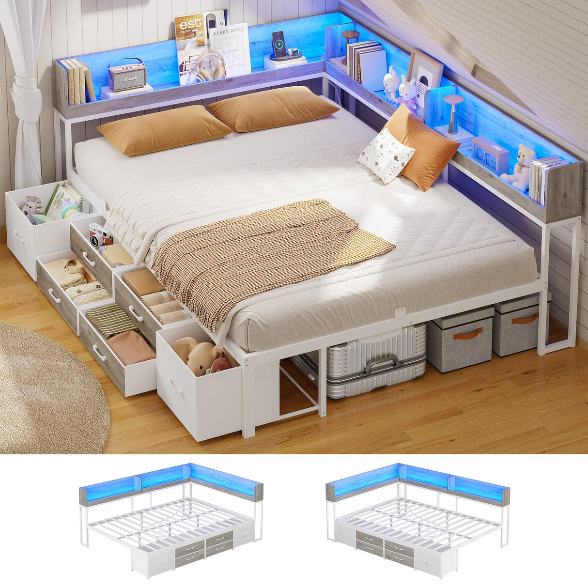 MSmask 14 Inch Corner Bed Frame with Bookcase Storage, Full Daybed with 6 Drawers, Charging Station and LED Light, Full Size Metal Platform Bed Frame for Kids Teenagers, White & Oak Grey MSmask