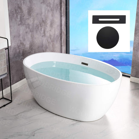WOODBRIDGE 55" Acrylic Freestanding Bathtub Contemporary Soaking White Tub with Matte Black Overflow and Drain,B1418 -MB-Drain &O WOODBRIDGE