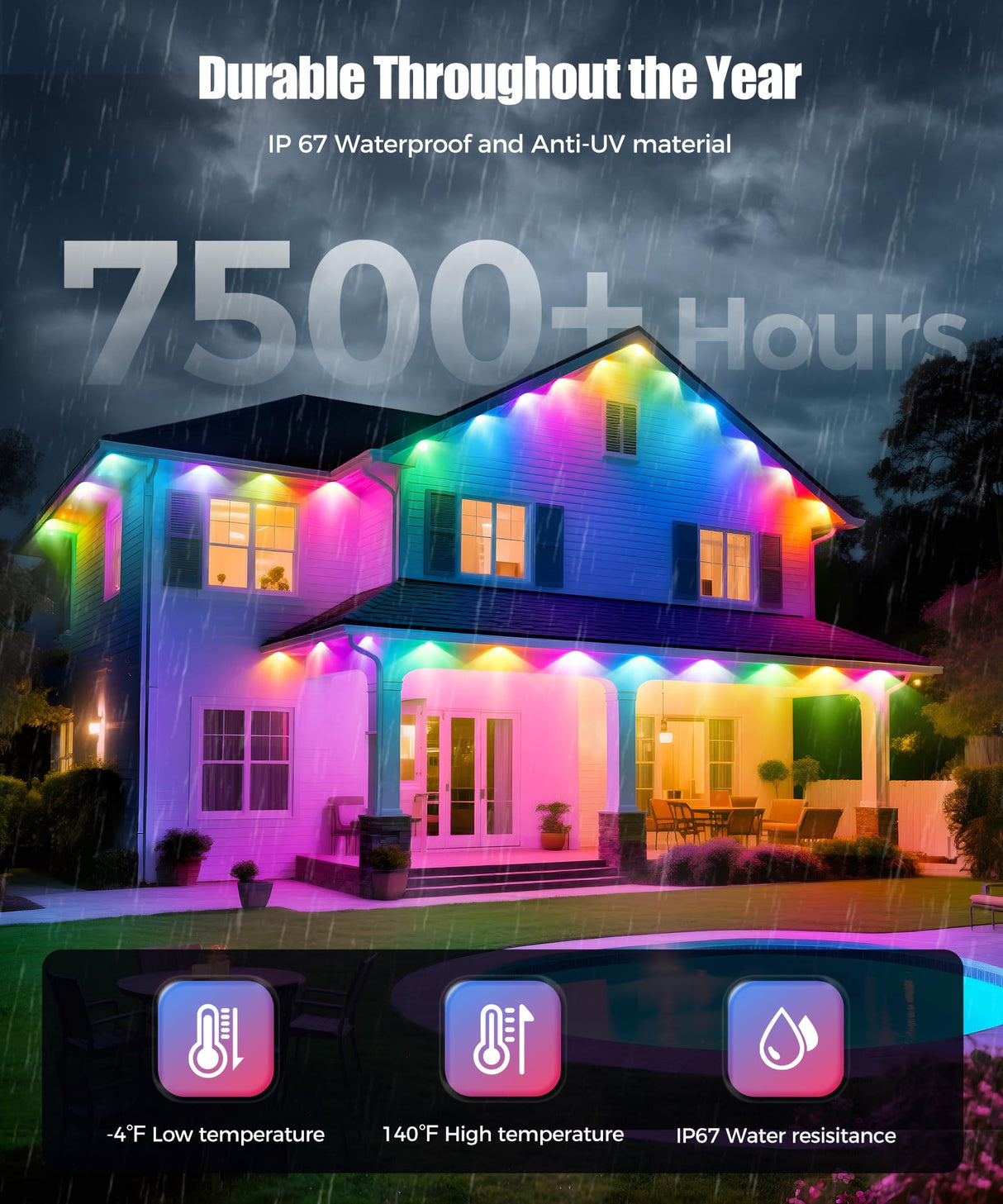 POOFZY Permanent Outdoor Lights for House, 200ft RGB+IC Smart Outdoor Decor, 50 Scene Modes, App/Remote Control, IP68 Waterproof, for Christmas, Holiday, Daily & Pool Party Decor, House Roof Lighting POOFZY