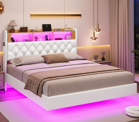 ADORNEVE Floating Queen Bed Frame with LED Lights & Storage Headboard, Leather Upholstered Floating Platform Bed with Charging Station, Modern LED Floating Bed, No Box Spring Needed, PU White