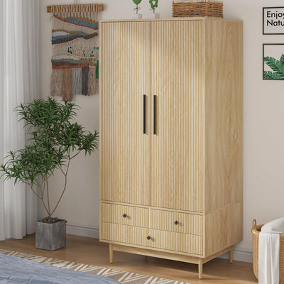 Mxtxmy Armoire Wardrobe Closet with 2 Fluted Doors,64.96" Wooden Clothes Storage Cabinet with Hanging Rod and Shelf Storage (Natural) (Natural)