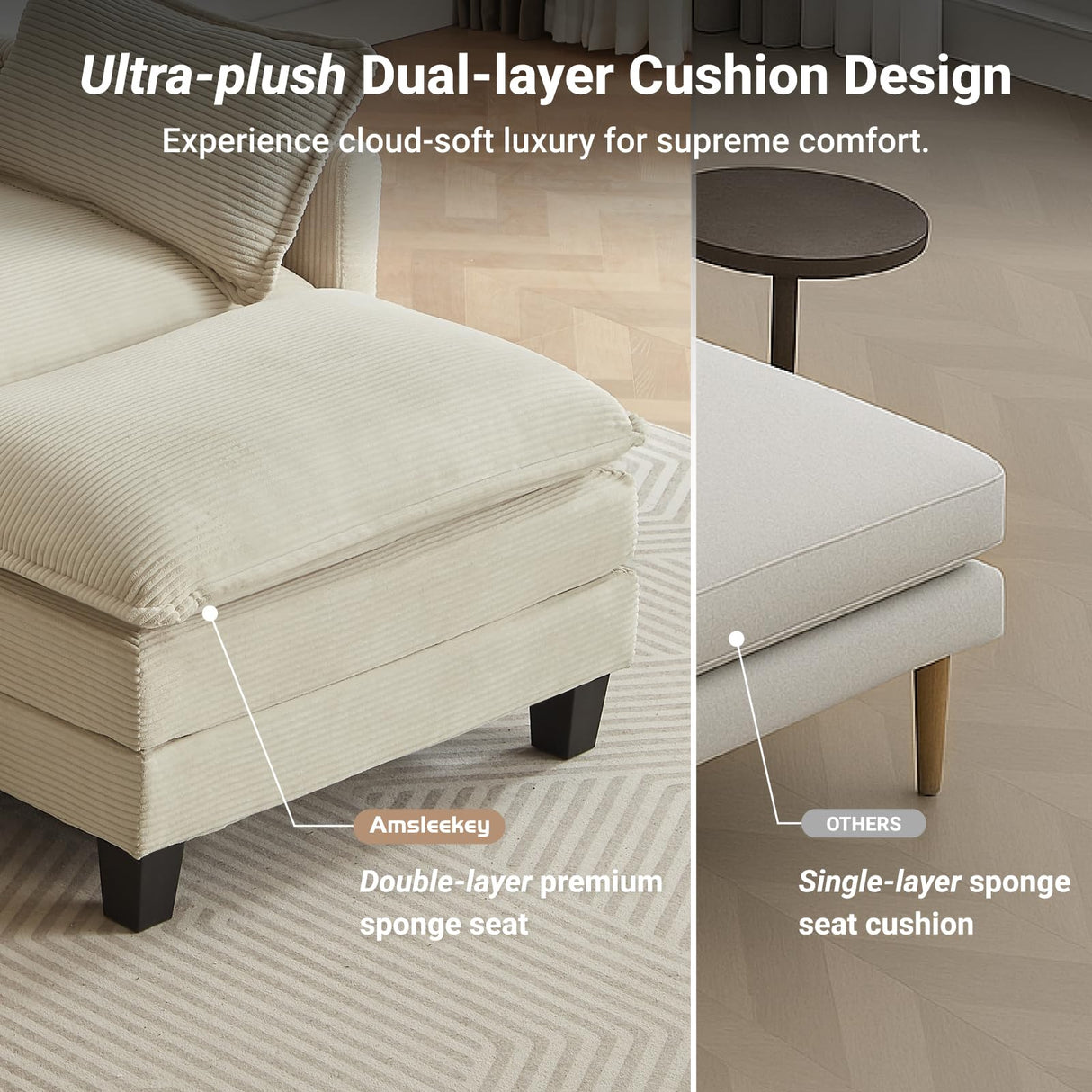 Amsleekey Modular Sectional Sofa, 111.5" U-Shaped Corduroy Comfy Sectional Couches for Living Room, 3-Seater Cloud Couches with 2 Movable Ottomans, Flexible Combination Modern Deep Seat Sofa (Beige) Amsleekey