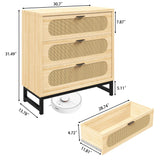 LSKTGA 3 Drawer Dresser for Bedroom, Rattan Dresser Modern Closet Dressers Chest of Drawers, Farmhouse Wood Storage Chest of Drawers for Closet, Living Room and Hallway Closet,Nature LSKTGA