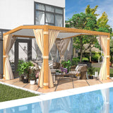 EROMMY Louvered Pergola 11'x13' Outdoor Hard Top Mansard Roof Gazebo with Aluminum Wooden Grain Frame and Adjustable Metal Rainproof Roof for Garden & Patio, Curtains and Netting Included, Wood Grain EROMMY