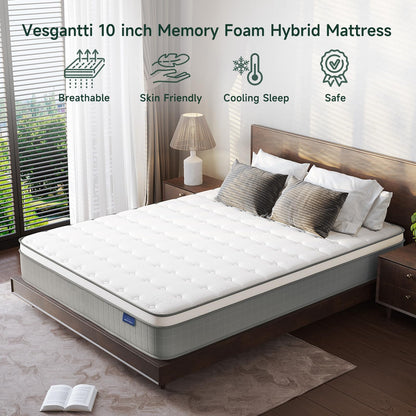 Vesgantti Queen Mattresses, 10 Inch Innerspring Hybrid Queen Size Mattress, Pressure Relief Pocket Spring Mattress in a Box with Breathable Memory Foam, Medium Firm, CertiPUR-US Certified