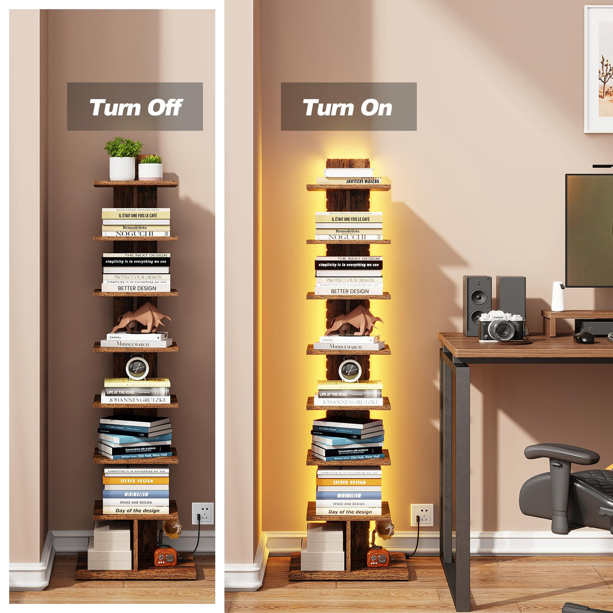 TUTOTAK Narrow Bookshelf, 8-Tier Bookcase with LED Lights, Spine Book Shelf for Small Space, Corner Standing Shelf for Living Room, Office, Study, Entryway, Rustic Brown BS06BB008L TUTOTAK