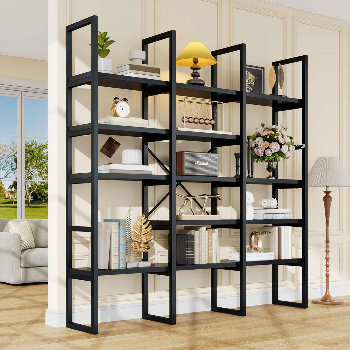 Semoic Large Bookshelf 5 Tiers, Triple Wide Geometric Bookcase, 71 Inches Tall Industrial Book Shelves Etagere Book Case, Sturdy Metal Frame, Freestanding Display Shelving Unit (Black) Semoic